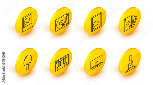 Set line Shovel in the ground, Music synthesizer, Racket for playing table tennis, Playing card with heart symbol, Picture landscape, Vinyl player vinyl disk and Photo frames icon. Vector