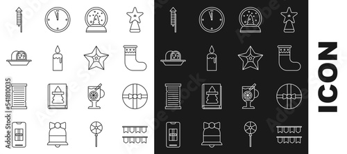 Set line Carnival garland with flags, Gift box, Christmas stocking, snow globe, Burning candle candlestick, Marzipan sponge cake, Firework rocket and star icon. Vector