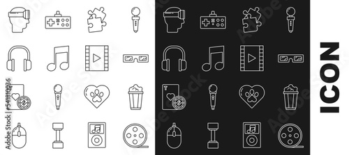 Set line Film reel, Popcorn in cardboard box, 3D cinema glasses, Piece of puzzle, Music note, tone, Headphones, Virtual reality and Play Video icon. Vector