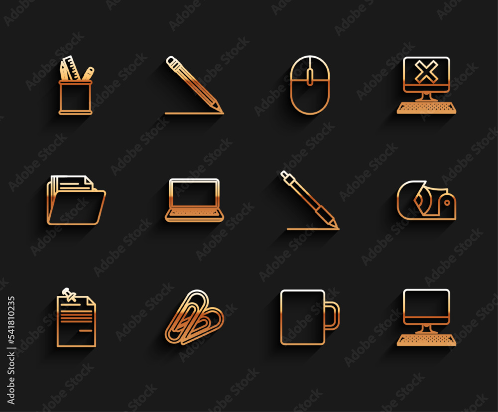 Set line Note paper with pinned pushbutton, Paper clip, Pencil case stationery, Coffee cup, Computer monitor keyboard, Laptop, Scotch and line icon. Vector Set line Note paper with pinned pushbutton, Paper clip, Pencil case stationery, Coffee cup, Computer monitor keyboard, Laptop, Scotch and line icon. Vector