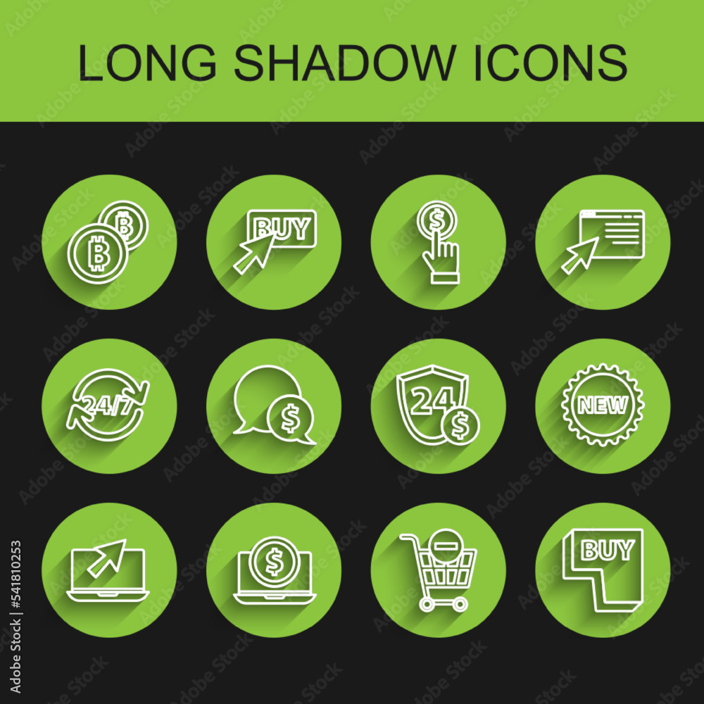 Set line Laptop and cursor, with dollar, Cryptocurrency coin Bitcoin, Remove shopping cart, Buy button, Speech bubble, Price tag New and Shield icon. Vector Set line Laptop and cursor, with dollar, Cryptocurrency coin Bitcoin, Remove shopping cart, Buy button, Speech bubble, Price tag New and Shield icon. Vector
