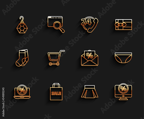 Set line Percent discount and laptop, Shoping bag with Sale, Earring, Skirt, monitor, Shopping cart, Underwear and Envelope interest icon. Vector