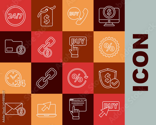 Set line Buy button, Shield with dollar, Discount percent tag, Phone and speech bubble, Chain link coin, Envelope, Clock 24 hours and icon. Vector