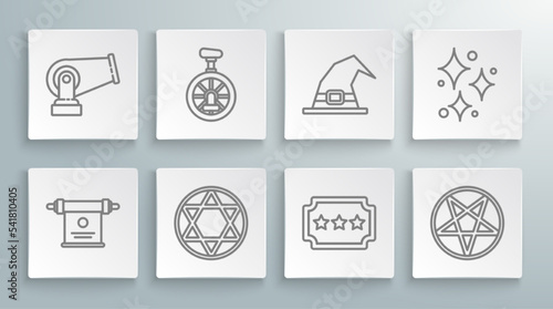 Set line Magic scroll, Unicycle or one wheel bicycle, Star of David, Ticket, Pentagram in circle, Witch hat, Sparkle stars with magical glitter and Cannon icon. Vector