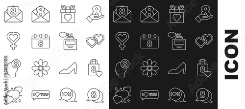 Set line 8 March in speech bubble, Shopping bag with heart, Two Linked Hearts, Gift box and, Calendar, Female gender symbol, Envelope and Perfume icon. Vector