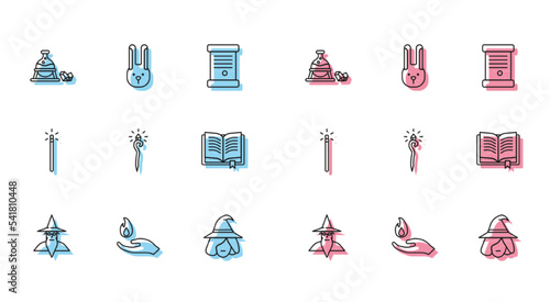 Set line Wizard warlock, Hand holding fire, Witch cauldron magic stone, Magic staff, Ancient book, wand and Rabbit with ears icon. Vector
