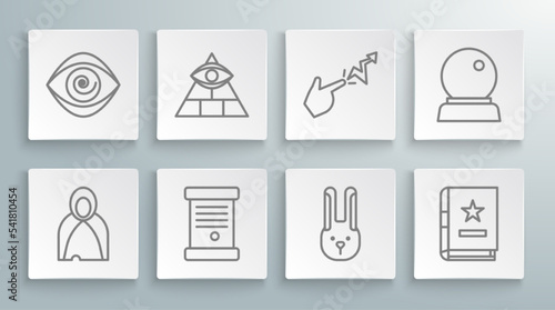 Set line Mantle, cloak, cape, Masons, Decree, paper, parchment, scroll, Rabbit with ears, Ancient magic book, Spell, Magic ball and Hypnosis icon. Vector