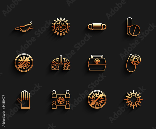 Set line Medical rubber gloves, Virus spread, Ebola virus disease, Stop, cells in lung, Blood test and and First aid kit icon. Vector