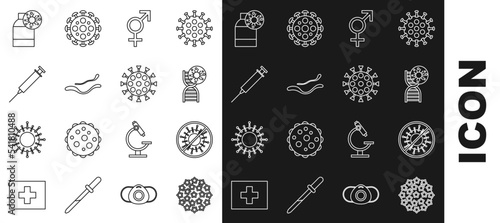 Set line Virus, Stop virus, DNA symbol and, Gender, Ebola disease, Syringe, Bottle with and icon. Vector