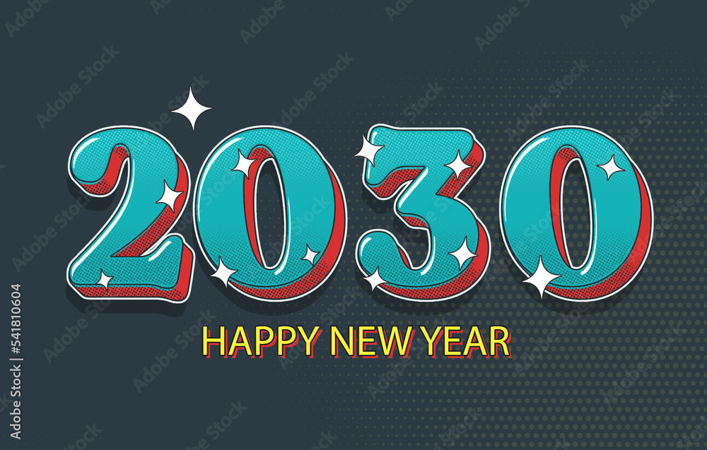 Happy New Year 2030 Concept Illustration On Halftone Effect. Modern