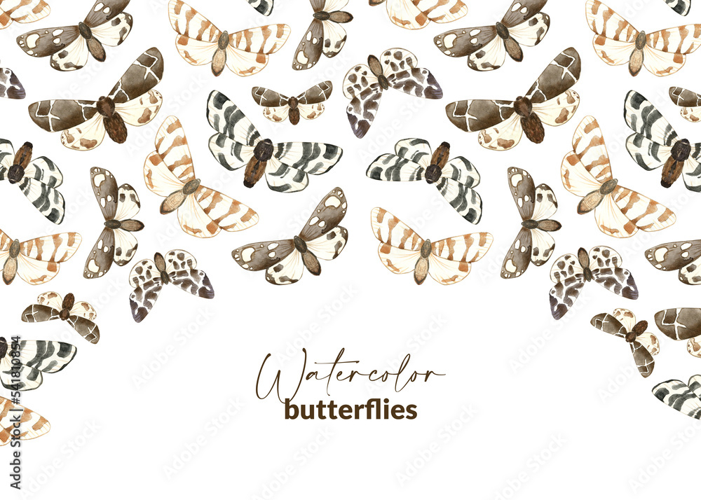 Template with illustrated brown butterflies. Hand drawn watercolor moth. Design for packaging, label, stationery and card. Flying insects.