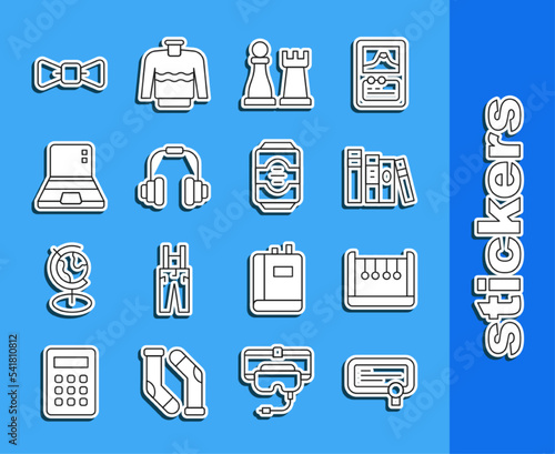 Set line Certificate template, Pendulum, Book, Chess, Headphones, Laptop, Bow tie and Energy drink icon. Vector