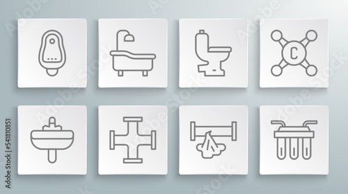 Set line Washbasin, Bathtub, Industry metallic pipe, Broken, Water filter, Toilet bowl, tap and urinal or pissoir icon. Vector