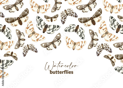 Template with illustrated brown butterflies. Hand drawn watercolor moth. Design for packaging, label, stationery and card. Flying insects.