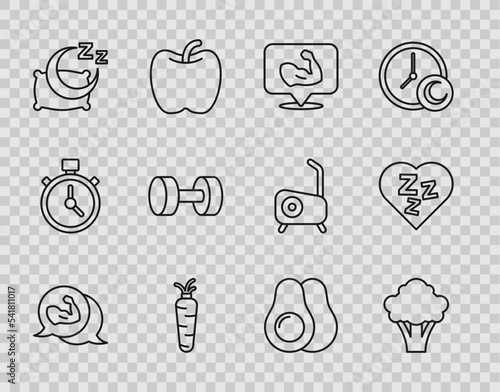 Set line Bodybuilder muscle, Broccoli, Carrot, Time to sleep, Dumbbell, Avocado fruit and Sleepy icon. Vector