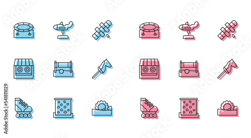 Set line Roller skate, Climbing wall, Jumping trampoline, Ferris wheel, Volleyball net with ball, Toy horse, Shooting gallery and Swing plane icon. Vector