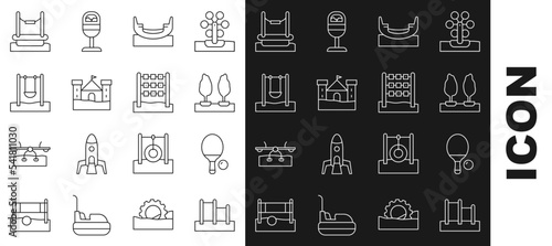 Set line Horizontal bar, Racket and ball, Forest, Boat swing, Sand castle, Swing, Bungee and Tic tac toe game icon. Vector