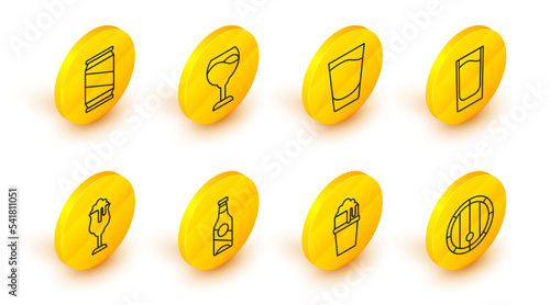 Set line Wooden barrel, Glass of beer, Beer bottle, Shot glass, Wine and can icon. Vector