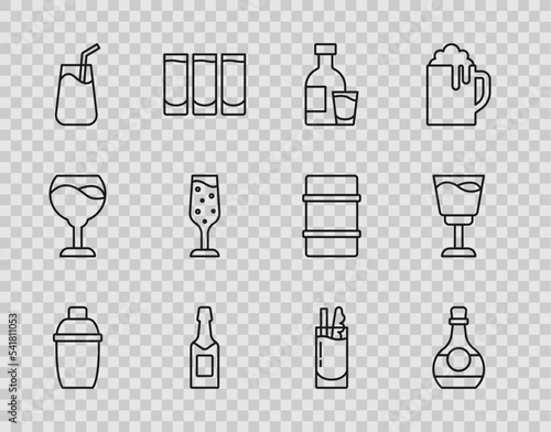 Set line Cocktail shaker, Bottle of cognac or brandy, vodka with glass, Champagne bottle, Glass champagne, Bloody Mary and Wine icon. Vector