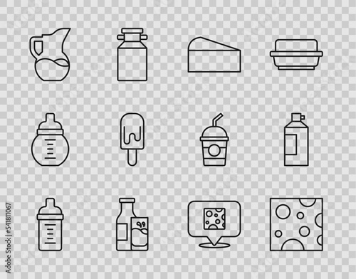 Set line Baby milk in a bottle, Cheese, Bottle and glass, Milk jug or pitcher, Ice cream, and Whipped icon. Vector