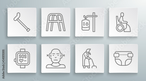 Set line Smart watch, Walker, Deaf, Grandmother, Adult diaper, IV bag, Woman in wheelchair and Walking stick cane icon. Vector