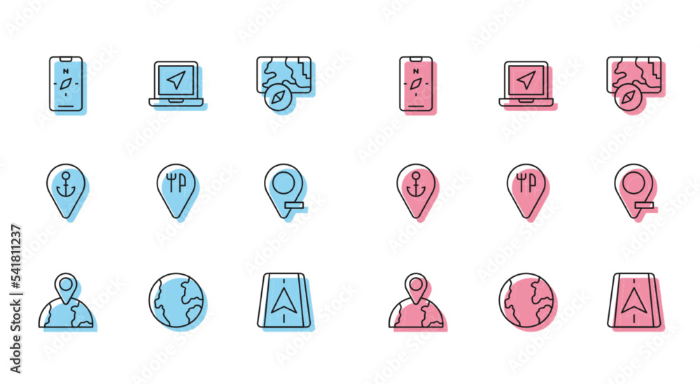 Set line Location on the globe, Earth, Compass mobile, City map navigation, Cafe and restaurant location, with anchor and Laptop marker icon. Vector Set line Location on the globe, Earth, Compass mobile, City map navigation, Cafe and restaurant location, with anchor and Laptop marker icon. Vector
