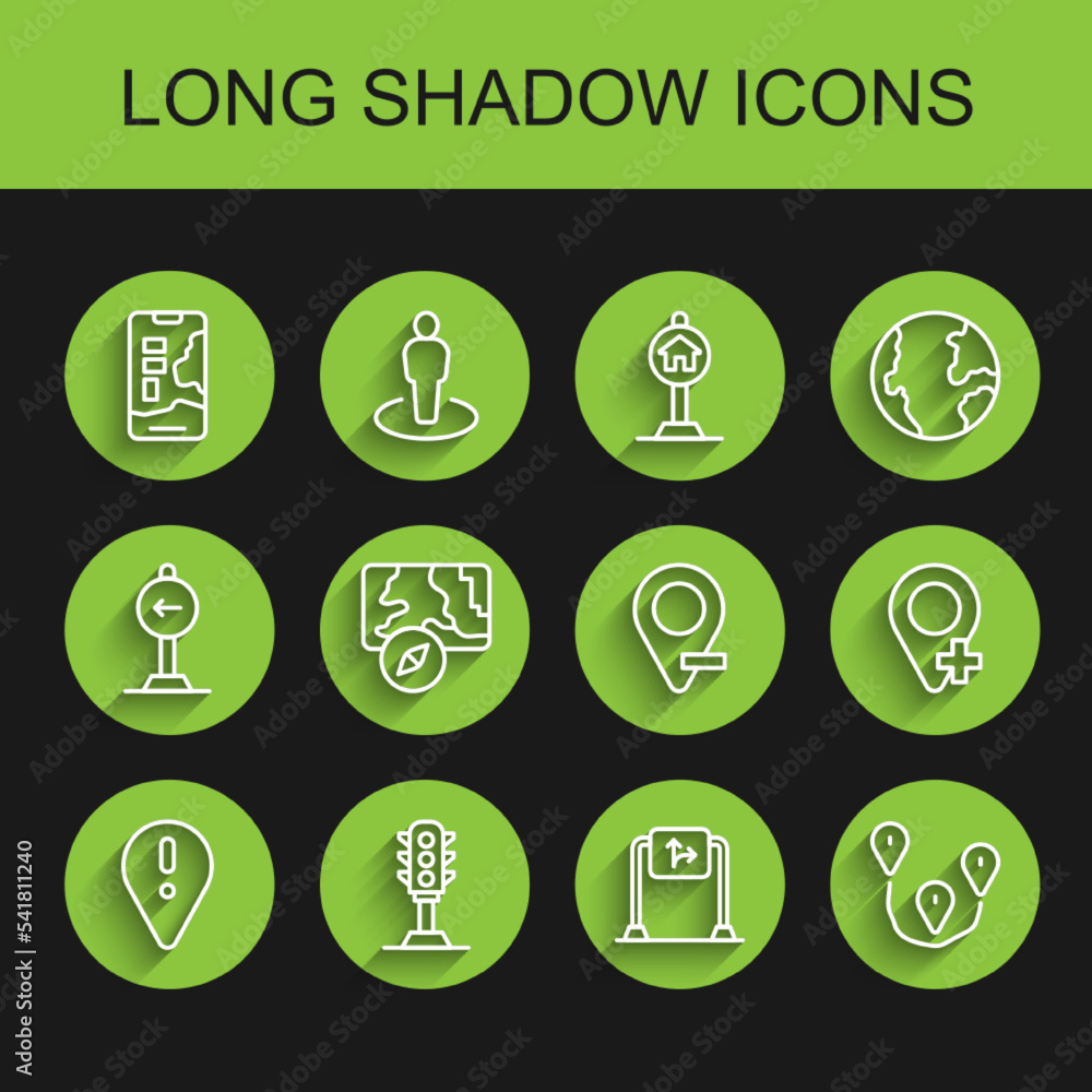 Set line Location with exclamation mark, Traffic light, City map navigation, Road traffic sign, Route location, and icon. Vector Set line Location with exclamation mark, Traffic light, City map navigation, Road traffic sign, Route location, and icon. Vector