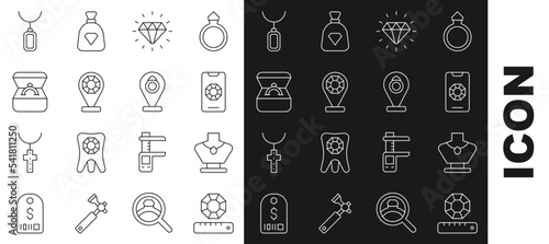 Set line Gem stone, Necklace mannequin, Jewelry online shopping, Diamond, store, engagement ring box, Pendant necklace and icon. Vector