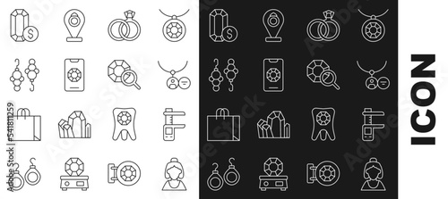 Set line Consultant of jewelry store, Calliper caliper and scale, Locket necklace, Wedding rings, Jewelry online shopping, Earrings, and Gem stone icon. Vector