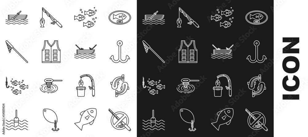Set line No fishing, Fish, Fishing hook, jacket, net, boat with oars on water and rod icon. Vector