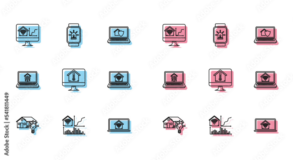 Set line Smart house and light bulb, home with wi-fi, Computer monitor smart, Laptop, temperature, and watch alarm icon. Vector Set line Smart house and light bulb, home with wi-fi, Computer monitor smart, Laptop, temperature, and watch alarm icon. Vector