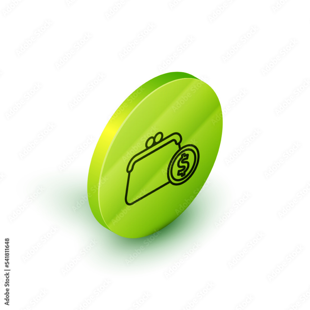 Isometric line Wallet with coins icon isolated on white background. Purse icon. Cash savings symbol. Green circle button. Vector Isometric line Wallet with coins icon isolated on white background. Purse icon. Cash savings symbol. Green circle button. Vector