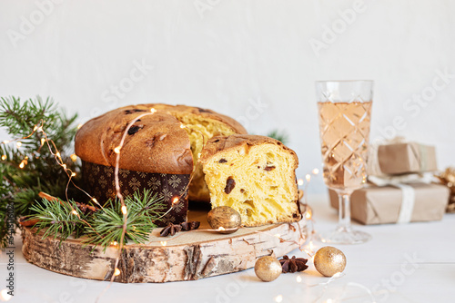 Fototapeta Naklejka Na Ścianę i Meble -  Panettone, traditional italian Christmas sweets for winter holidays celebration. Cristmas desert, festive dinner concept