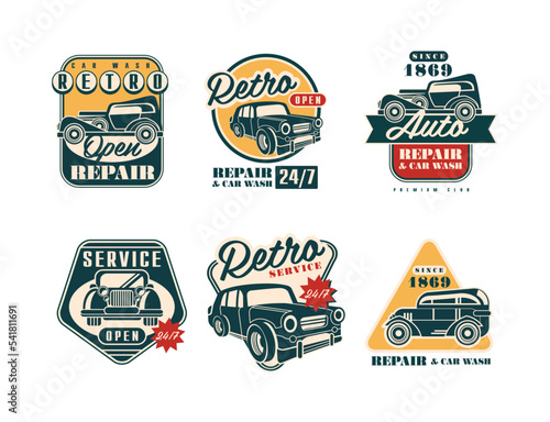 Auto Service and Repair Badges with Retro Car Vector Set