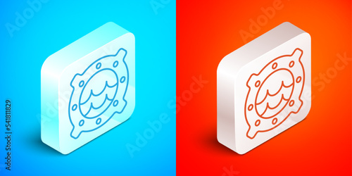 Isometric line Ship porthole with rivets and seascape outside icon isolated on blue and red background. Silver square button. Vector