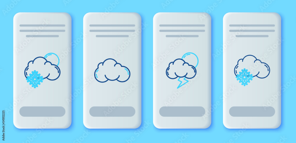 Set line Cloud, Storm, with snow and sun and icon. Vector