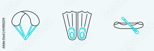 Set line Rafting boat, Parachute and Rubber flippers for swimming icon. Vector