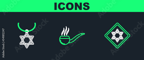 Set line Star of David, necklace on chain and Smoking pipe with smoke icon. Vector