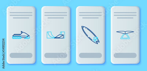 Set line Skate park, Surfboard, Snowmobile and Hang glider icon. Vector