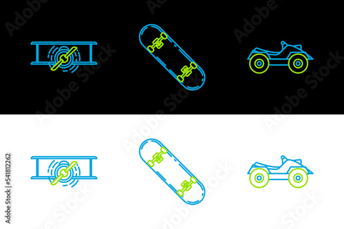Set line All Terrain Vehicle or ATV motorcycle, Old retro vintage plane and Skateboard icon. Vector