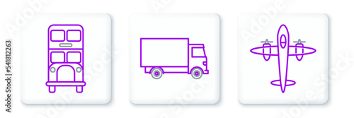 Set line Old retro vintage plane, Double decker bus and Delivery cargo truck vehicle icon. Vector
