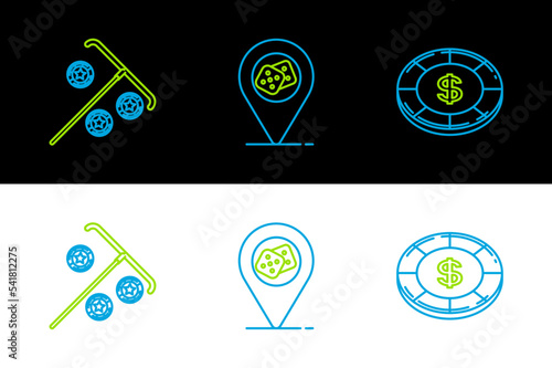 Set line Casino chip with dollar symbol, Stick for chips and location icon. Vector