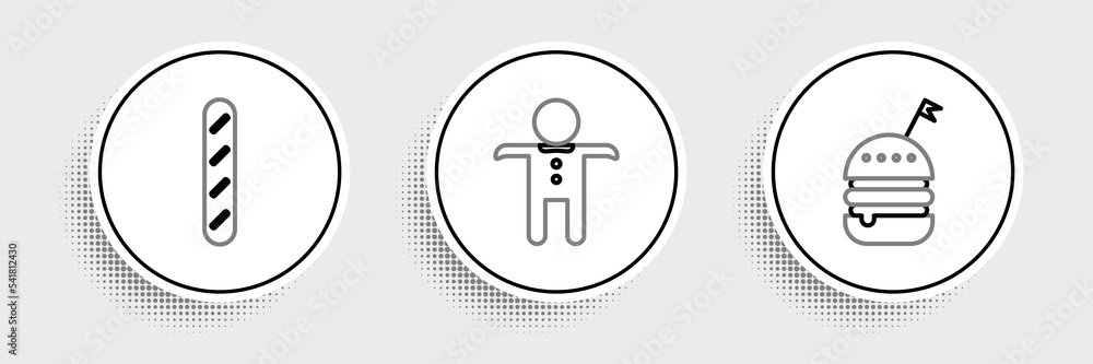Set line Burger, French baguette bread and Holiday gingerbread man cookie icon. Vector Set line Burger, French baguette bread and Holiday gingerbread man cookie icon. Vector