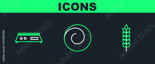 Set line Cereals with rice, wheat, corn, oats, rye, Electronic scales and Roll bun cinnamon icon. Vector