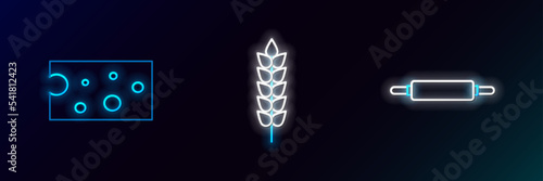 Set line Rolling pin, Cheese and Cereals with rice, wheat, corn, oats, rye icon. Glowing neon. Vector