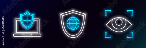 Set line Eye scan, Laptop protected with shield and Shield world globe icon. Glowing neon. Vector