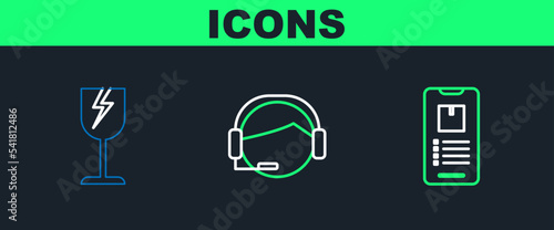 Set line Mobile phone with app delivery tracking, Fragile broken glass symbol and Support operator touch icon. Vector