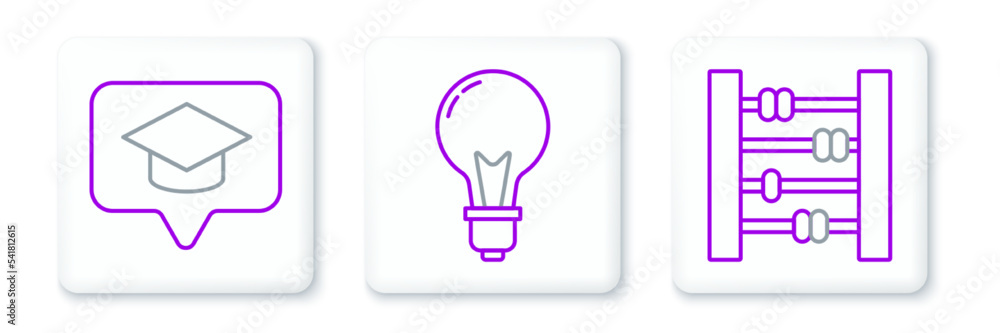 Set line Abacus, Graduation cap in speech bubble and Light bulb with concept of idea icon. Vector Set line Abacus, Graduation cap in speech bubble and Light bulb with concept of idea icon. Vector
