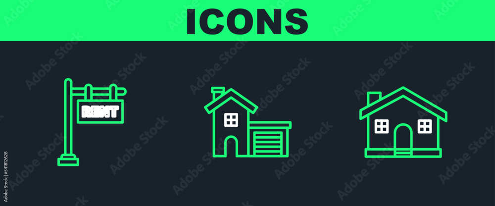 Set line House, Hanging sign with text Rent and icon. Vector Set line House, Hanging sign with text Rent and icon. Vector