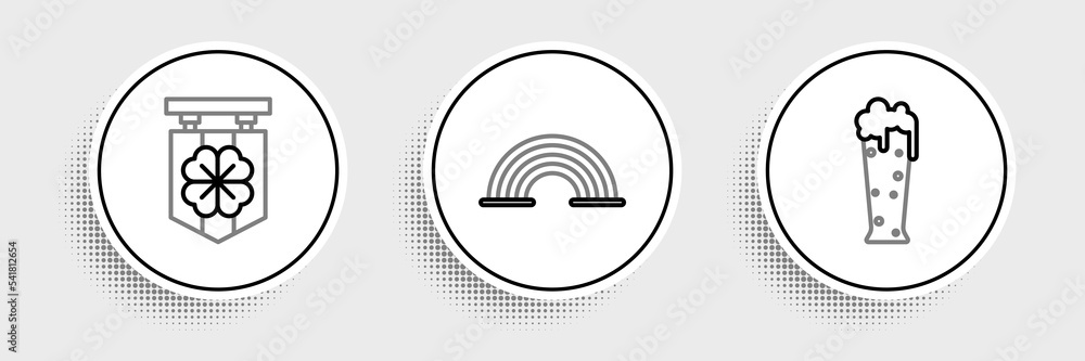 Set line Glass of beer, Street signboard with four leaf clover and Rainbow icon. Vector